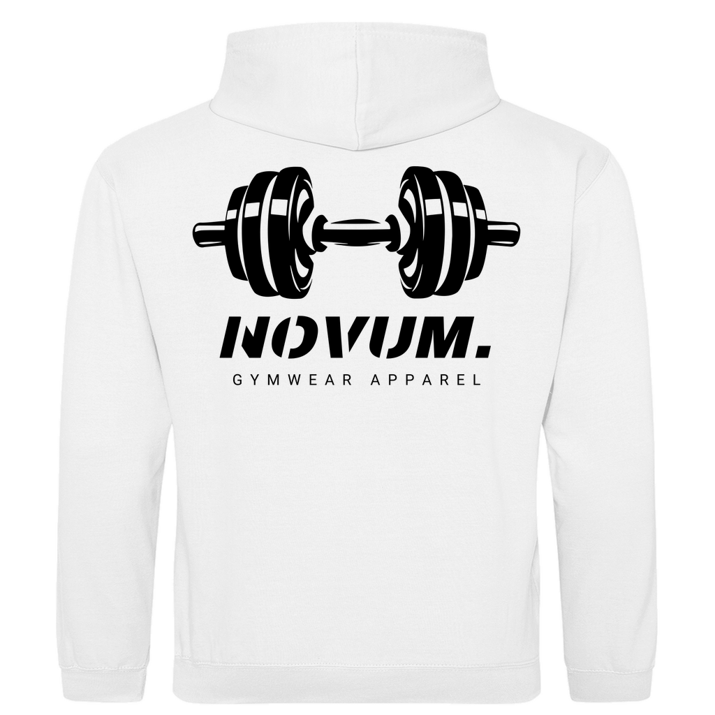 Weißer Unisex Hoodie: Optimale Passform, stilvolles Design, schlichtes Design vorne mit Novum Apparel Logo auf der Brust, hochwertiger Dumbbell Backprint, hergestellt aus 100% ringgesponnener Baumwolle mit einem Stoffgewicht von 280 g/m², praktische Kängurutasche. Perfekt für trendbewusste Käufer. Jetzt online kaufen!