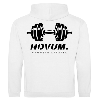 Weißer Unisex Hoodie: Optimale Passform, stilvolles Design, schlichtes Design vorne mit Novum Apparel Logo auf der Brust, hochwertiger Dumbbell Backprint, hergestellt aus 100% ringgesponnener Baumwolle mit einem Stoffgewicht von 280 g/m², praktische Kängurutasche. Perfekt für trendbewusste Käufer. Jetzt online kaufen!