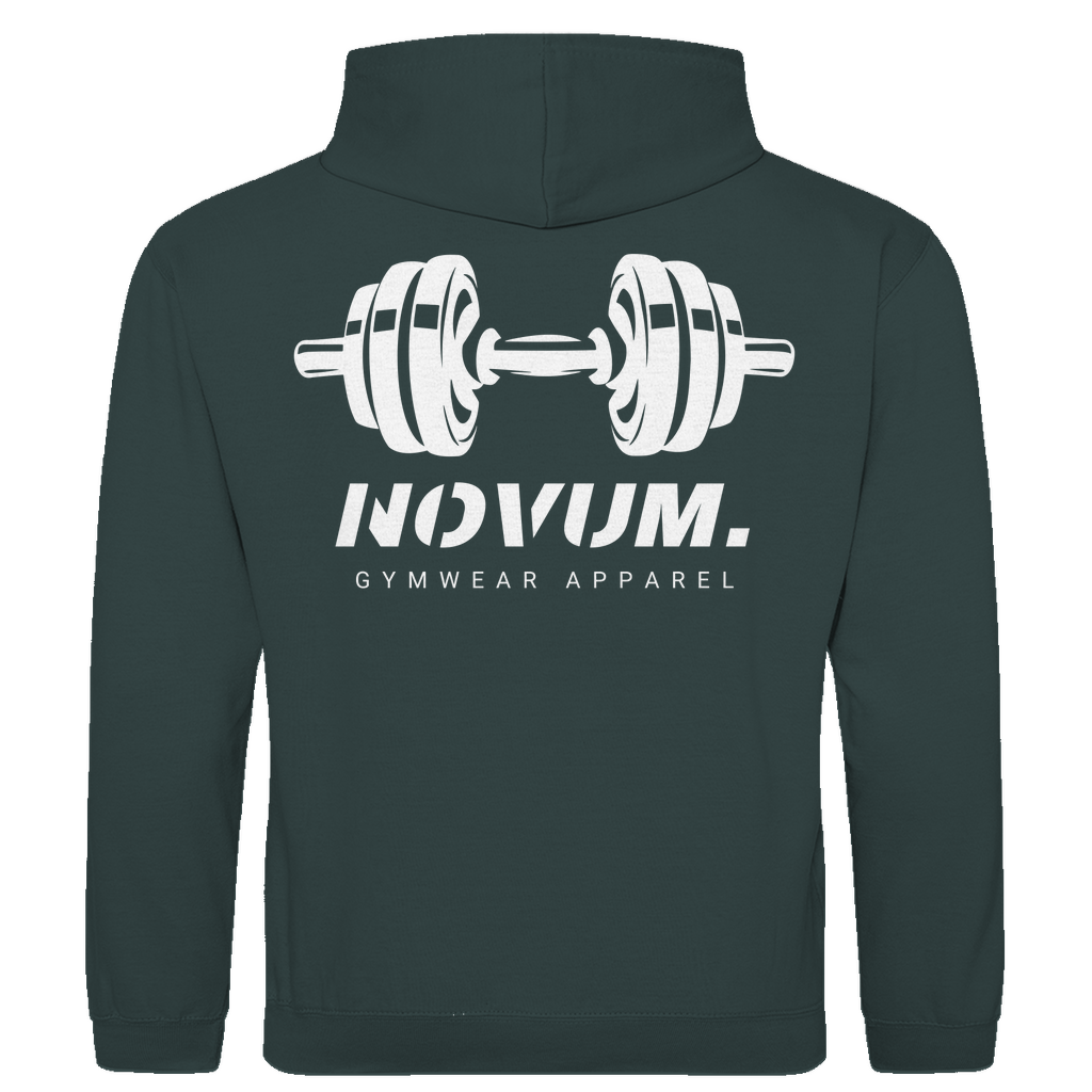 Dunkelgrauer Unisex Hoodie: Optimale Passform, stilvolles Design, schlichtes Design vorne mit Novum Apparel Logo auf der Brust, hochwertiger Dumbbell Backprint, hergestellt aus 100% ringgesponnener Baumwolle mit einem Stoffgewicht von 280 g/m², praktische Kängurutasche. Perfekt für trendbewusste Käufer. Jetzt online kaufen!