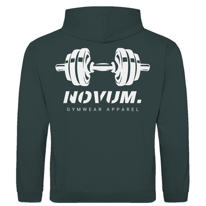 Dunkelgrauer Unisex Hoodie: Optimale Passform, stilvolles Design, schlichtes Design vorne mit Novum Apparel Logo auf der Brust, hochwertiger Dumbbell Backprint, hergestellt aus 100% ringgesponnener Baumwolle mit einem Stoffgewicht von 280 g/m², praktische Kängurutasche. Perfekt für trendbewusste Käufer. Jetzt online kaufen!