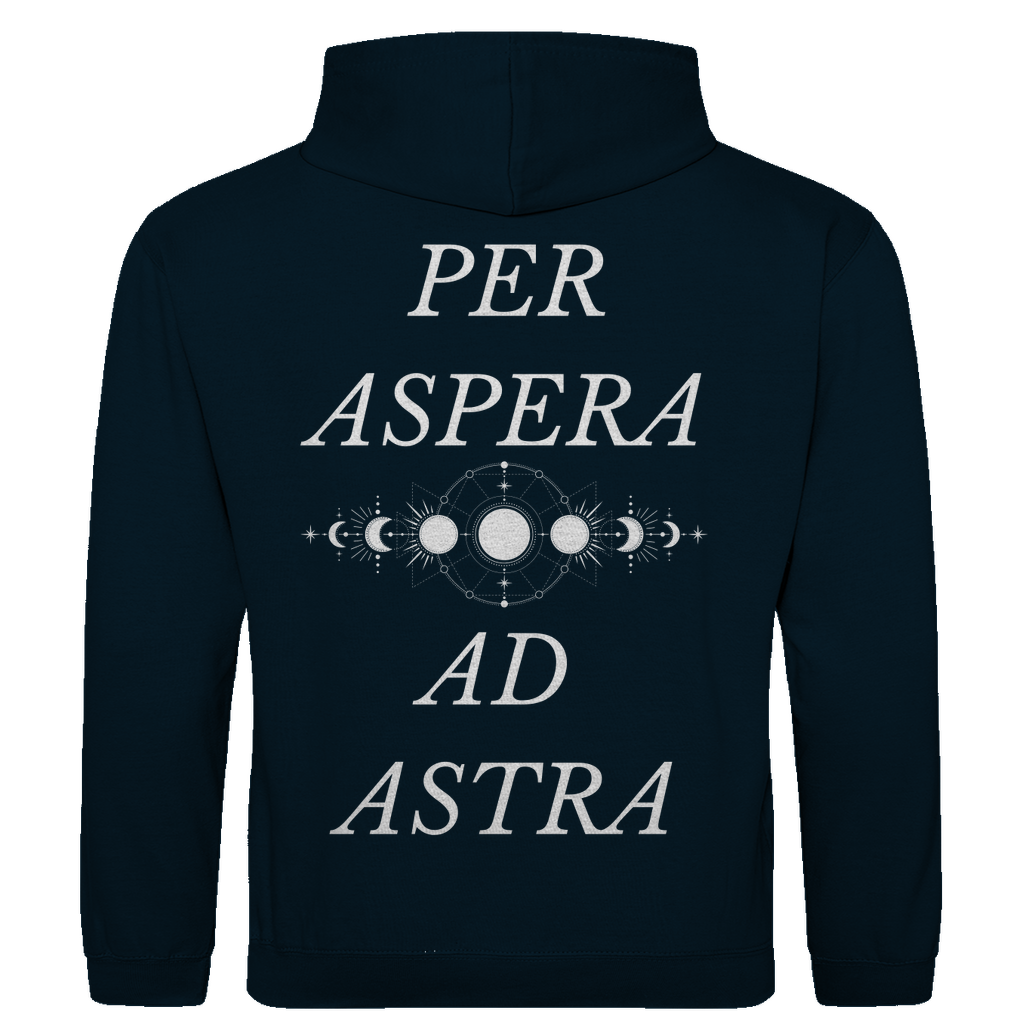 Navy Unisex Hoodie: Optimale Passform, stilvolles Design, schlichtes Design vorne mit Novum Apparel Logo auf der Brust, hochwertiger Backprint mit 'Per Aspera Ad Astra' und einer Sonne-Mond-Phase dazwischen, hergestellt aus 100% ringgesponnener Baumwolle mit einem Stoffgewicht von 280 g/m², praktische Kängurutasche. Perfekt für trendbewusste Käufer. Jetzt online kaufen!