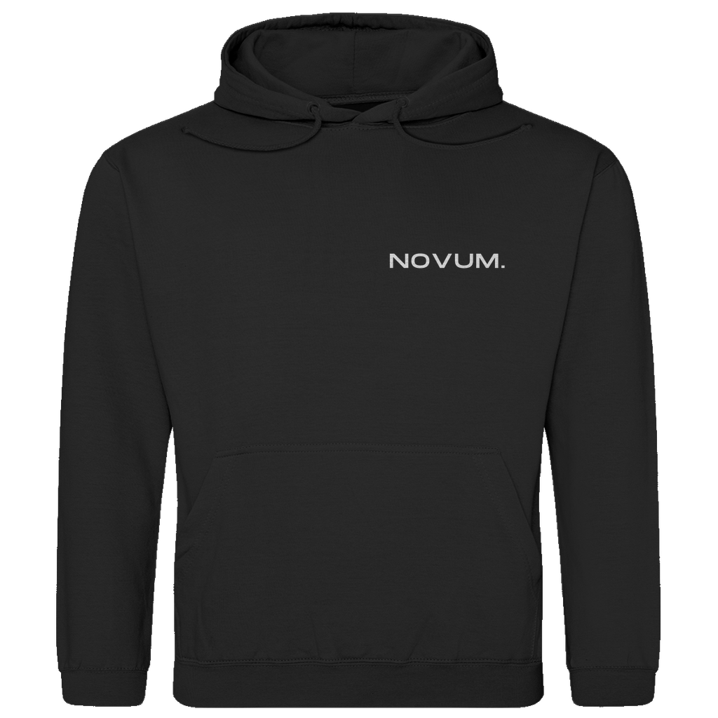 Schwarzer Novum Momentum Hoodie, unisex, aus 100% ringgesponnener Baumwolle mit einem Stoffgewicht von 280 g/m². Optimale Passform und stilvolles Design. Schlichtes Design auf der Vorderseite mit Novum Logo und hochwertigem Backprint 'Novum presents Momentum Line'. Mit praktischer Kängurutasche.