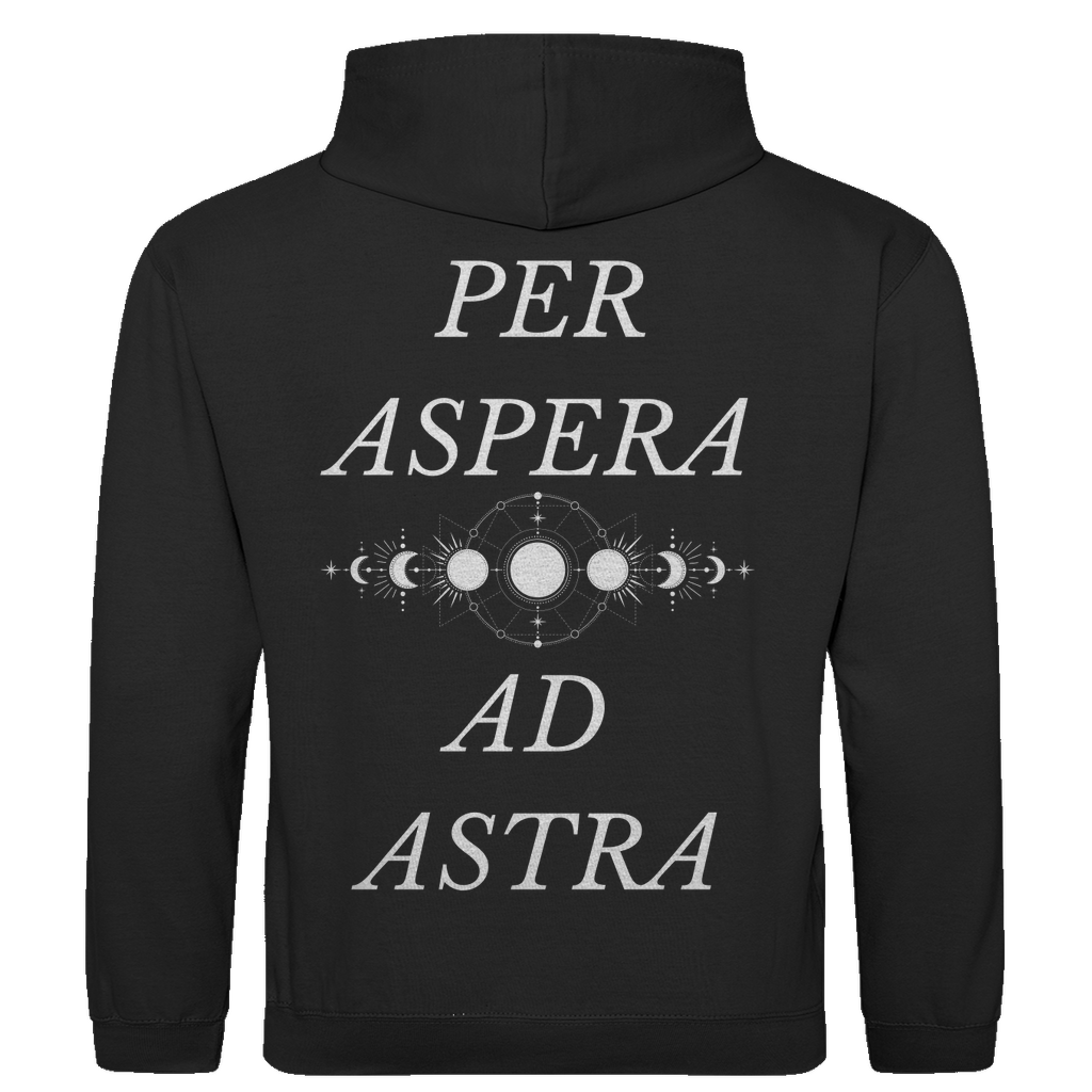 Schwarzer Unisex Hoodie: Optimale Passform, stilvolles Design, schlichtes Design vorne mit Novum Apparel Logo auf der Brust, hochwertiger Backprint mit 'Per Aspera Ad Astra' und einer Sonne-Mond-Phase dazwischen, hergestellt aus 100% ringgesponnener Baumwolle mit einem Stoffgewicht von 280 g/m², praktische Kängurutasche. Perfekt für trendbewusste Käufer. Jetzt online kaufen!