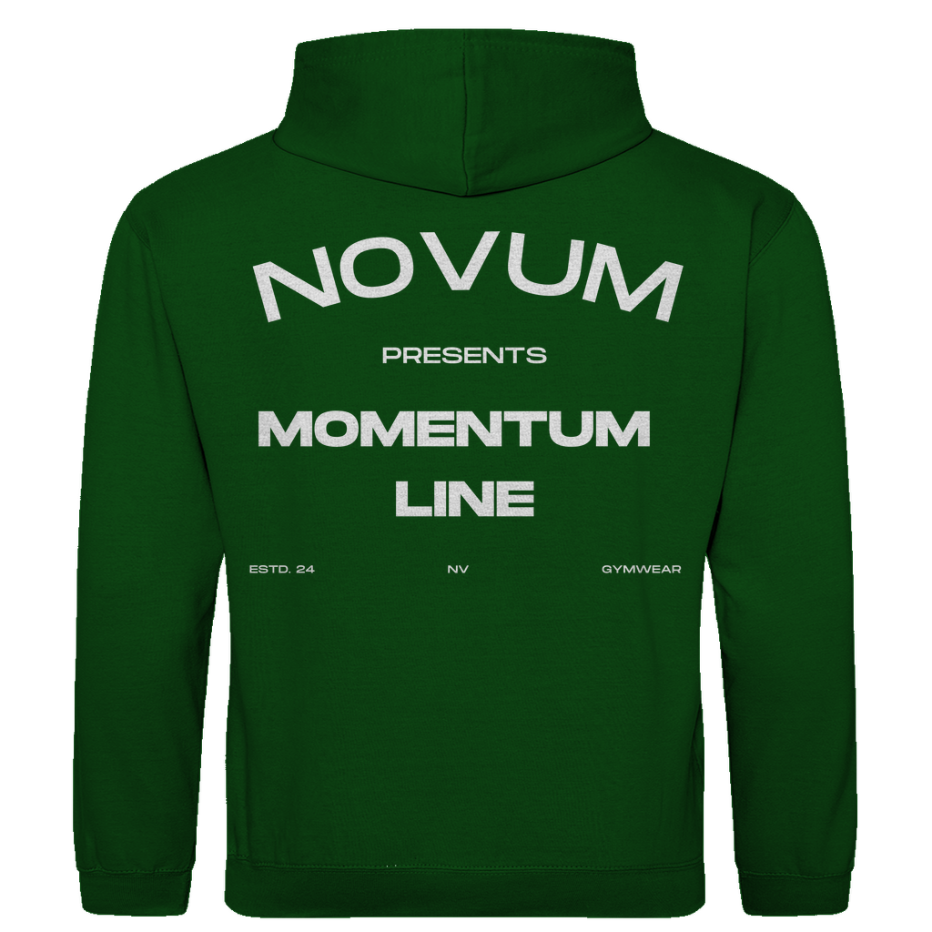 Grüner Novum Momentum Hoodie, unisex, aus 100% ringgesponnener Baumwolle mit einem Stoffgewicht von 280 g/m². Optimale Passform und stilvolles Design. Schlichtes Design auf der Vorderseite mit Novum Logo und hochwertigem Backprint 'Novum presents Momentum Line'. Mit praktischer Kängurutasche.