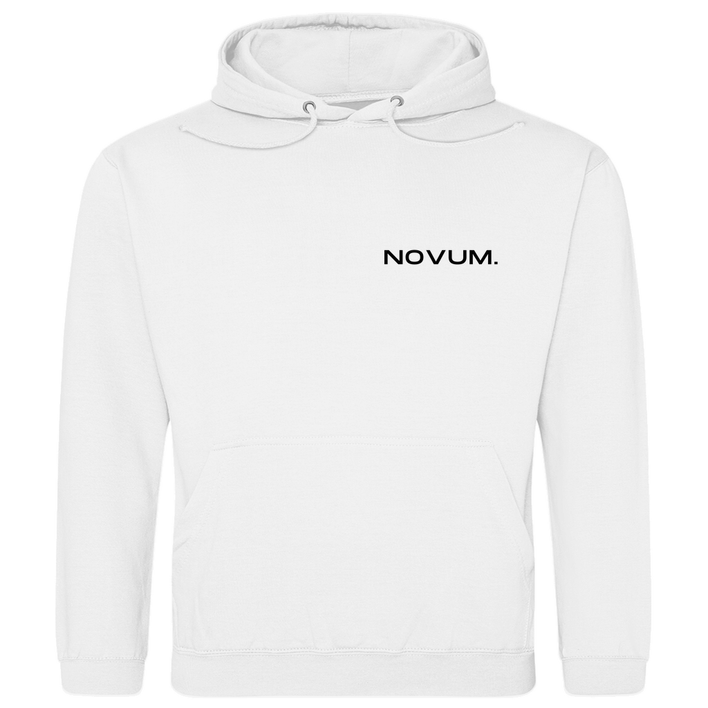 Weißer Novum Momentum Hoodie, unisex, aus 100% ringgesponnener Baumwolle mit einem Stoffgewicht von 280 g/m². Optimale Passform und stilvolles Design. Schlichtes Design auf der Vorderseite mit Novum Logo und hochwertigem Backprint 'Novum presents Momentum Line'. Mit praktischer Kängurutasche.