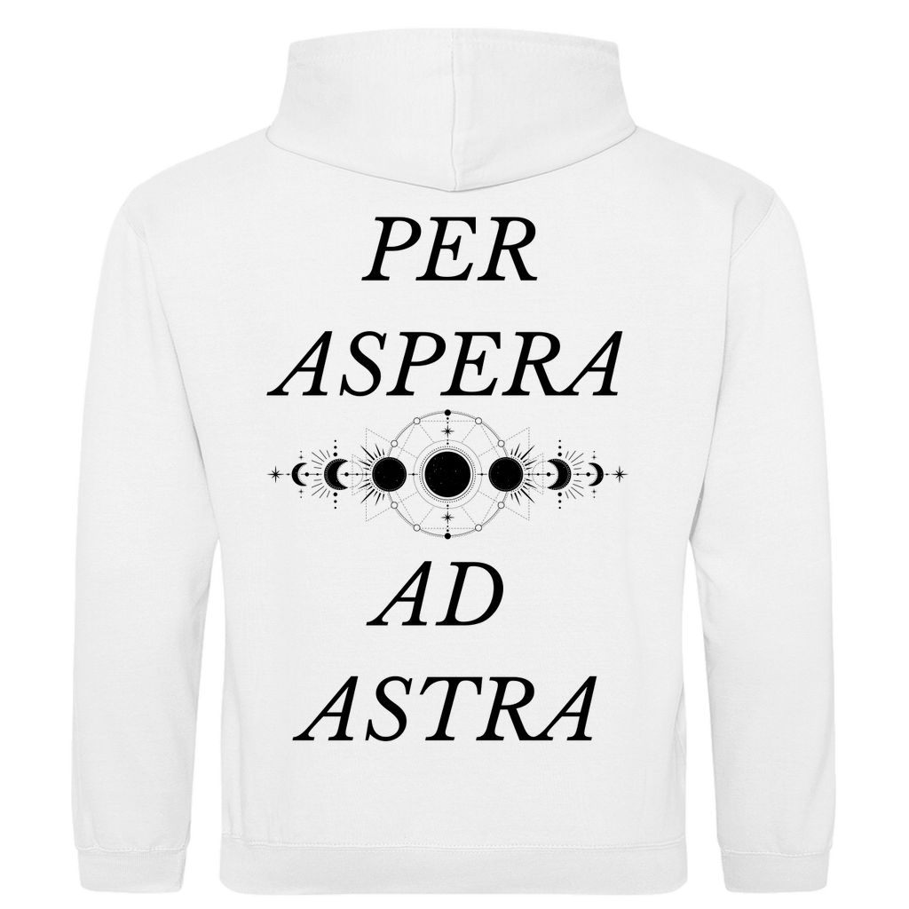 Weißer  Unisex Hoodie: Optimale Passform, stilvolles Design, schlichtes Design vorne mit Novum Apparel Logo auf der Brust, hochwertiger Backprint mit 'Per Aspera Ad Astra' und einer Sonne-Mond-Phase dazwischen, hergestellt aus 100% ringgesponnener Baumwolle mit einem Stoffgewicht von 280 g/m², praktische Kängurutasche. Perfekt für trendbewusste Käufer. Jetzt online kaufen!