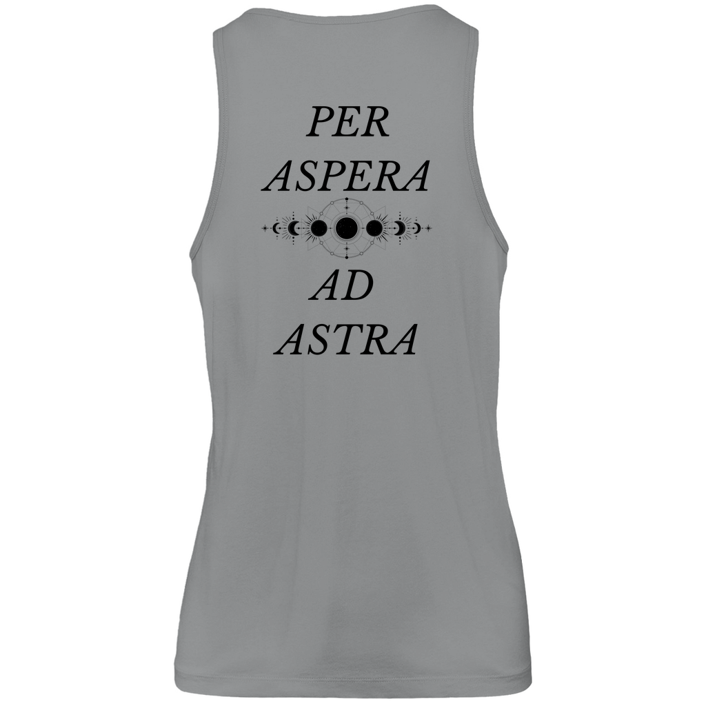 Graues Unisex Tank Top: Atmungsaktiv, optimale Passform, hergestellt aus 100% ringgesponnener, gekämmter, hochwertiger und zertifizierter Bio-Baumwolle. Schlichtes Design vorne mit Novum Apparel Logo auf der Brust, hochwertiger Backprint mit 'Per Aspera Ad Astra' und einer Sonne-Mond-Phase dazwischen, Rundhalsausschnitt. Perfekt für trendbewusste Käufer. Jetzt online kaufen!