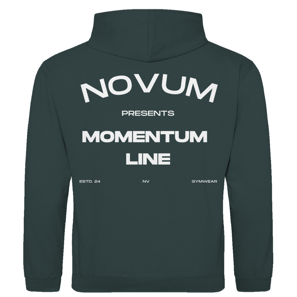 Dunkelgrauer Novum Momentum Hoodie, unisex, aus 100% ringgesponnener Baumwolle mit einem Stoffgewicht von 280 g/m². Optimale Passform und stilvolles Design. Schlichtes Design auf der Vorderseite mit Novum Logo und hochwertigem Backprint 'Novum presents Momentum Line'. Mit praktischer Kängurutasche.