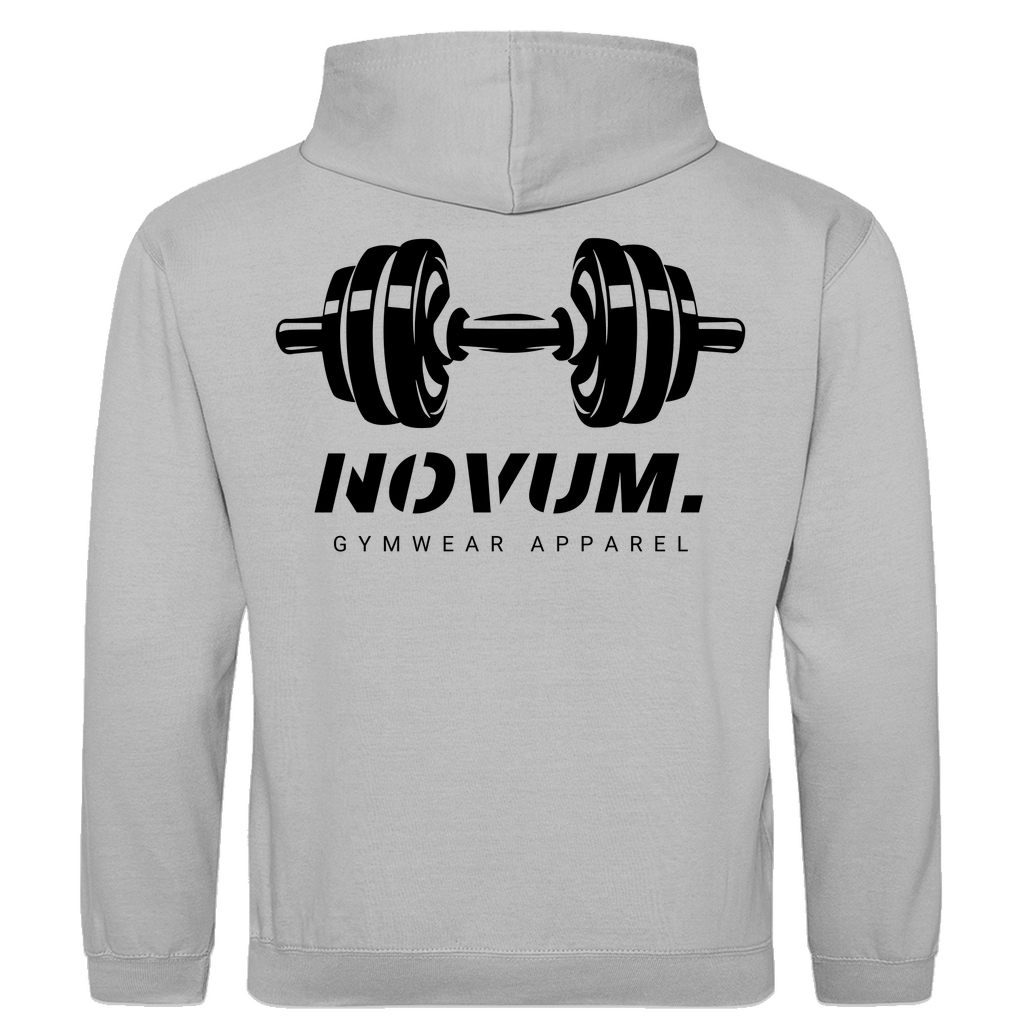 Hellgrauer Unisex Hoodie: Optimale Passform, stilvolles Design, schlichtes Design vorne mit Novum Apparel Logo auf der Brust, hochwertiger Dumbbell Backprint, hergestellt aus 100% ringgesponnener Baumwolle mit einem Stoffgewicht von 280 g/m², praktische Kängurutasche. Perfekt für trendbewusste Käufer. Jetzt online kaufen!