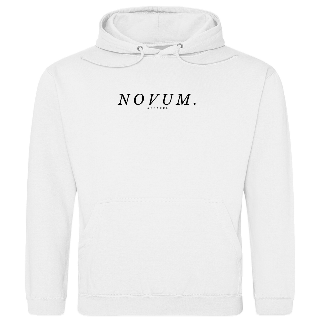 Weißer Unisex Hoodie: Optimale Passform, stilvolles Design, schlichtes Design vorne mit Novum Apparel Logo auf der Brust, hochwertiger Backprint mit 'Per Aspera Ad Astra' und einer Sonne-Mond-Phase dazwischen, hergestellt aus 100% ringgesponnener Baumwolle mit einem Stoffgewicht von 280 g/m², praktische Kängurutasche. Perfekt für trendbewusste Käufer. Jetzt online kaufen!