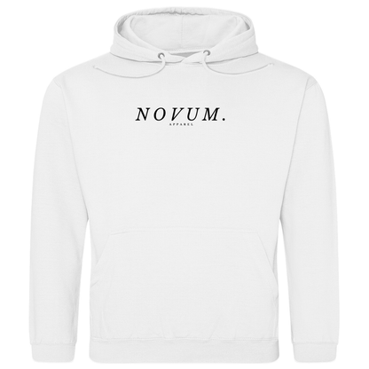 Weißer Unisex Hoodie: Optimale Passform, stilvolles Design, schlichtes Design vorne mit Novum Apparel Logo auf der Brust, hochwertiger Backprint mit 'Per Aspera Ad Astra' und einer Sonne-Mond-Phase dazwischen, hergestellt aus 100% ringgesponnener Baumwolle mit einem Stoffgewicht von 280 g/m², praktische Kängurutasche. Perfekt für trendbewusste Käufer. Jetzt online kaufen!