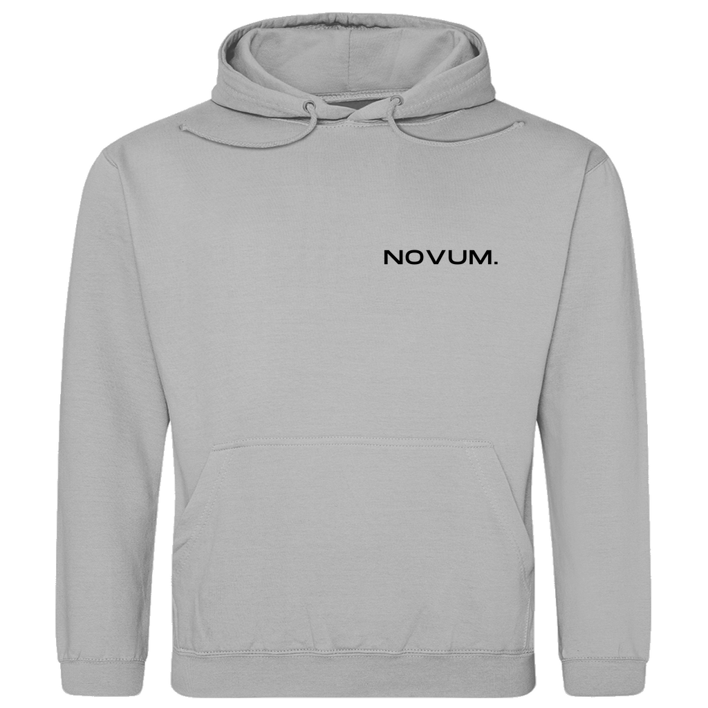 Hellgrauer Novum Momentum Hoodie, unisex, aus 100% ringgesponnener Baumwolle mit einem Stoffgewicht von 280 g/m². Optimale Passform und stilvolles Design. Schlichtes Design auf der Vorderseite mit Novum Logo und hochwertigem Backprint 'Novum presents Momentum Line'. Mit praktischer Kängurutasche.