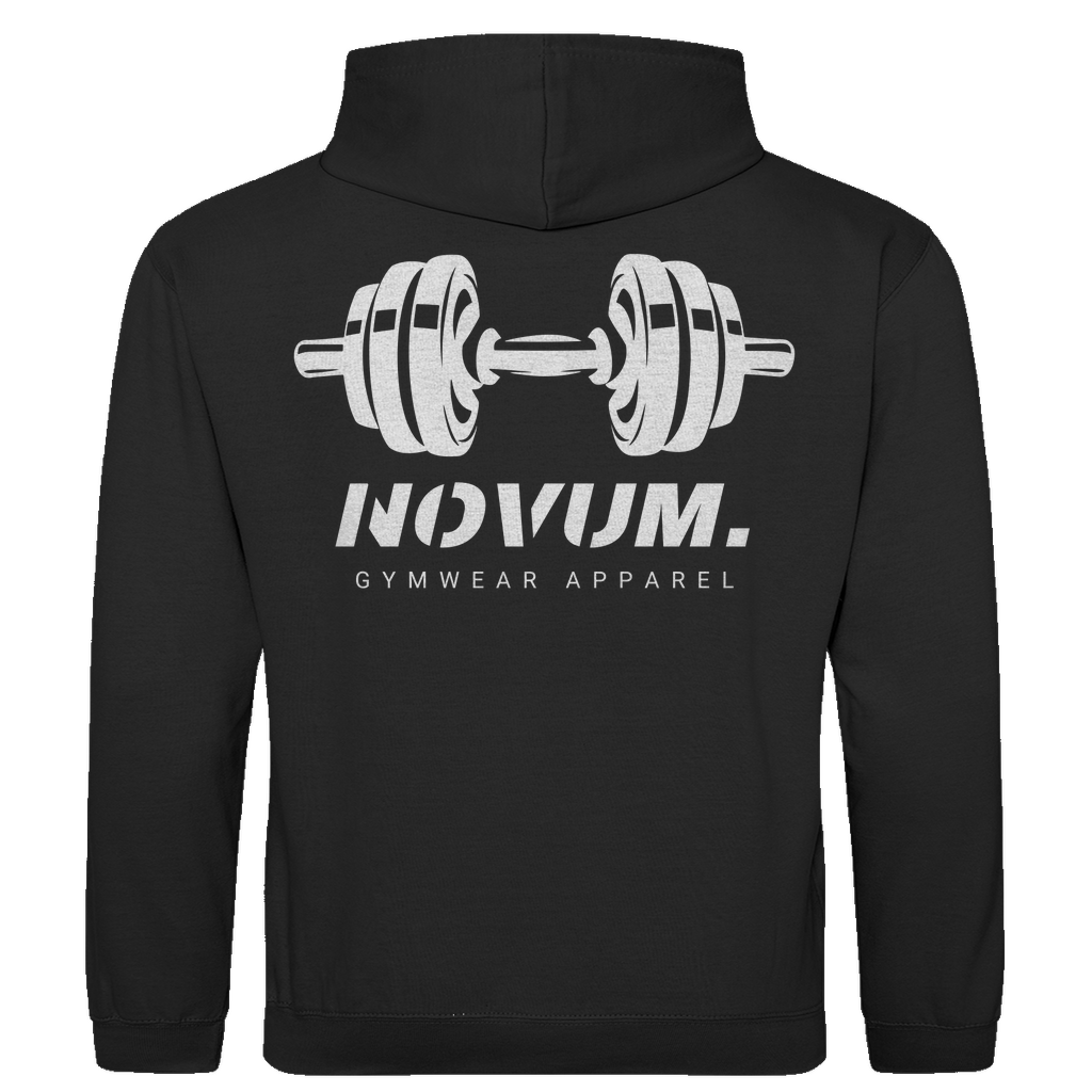 Schwarzer Unisex Hoodie: Optimale Passform, stilvolles Design, schlichtes Design vorne mit Novum Apparel Logo auf der Brust, hochwertiger Dumbbell Backprint, hergestellt aus 100% ringgesponnener Baumwolle mit einem Stoffgewicht von 280 g/m², praktische Kängurutasche. Perfekt für trendbewusste Käufer. Jetzt online kaufen!