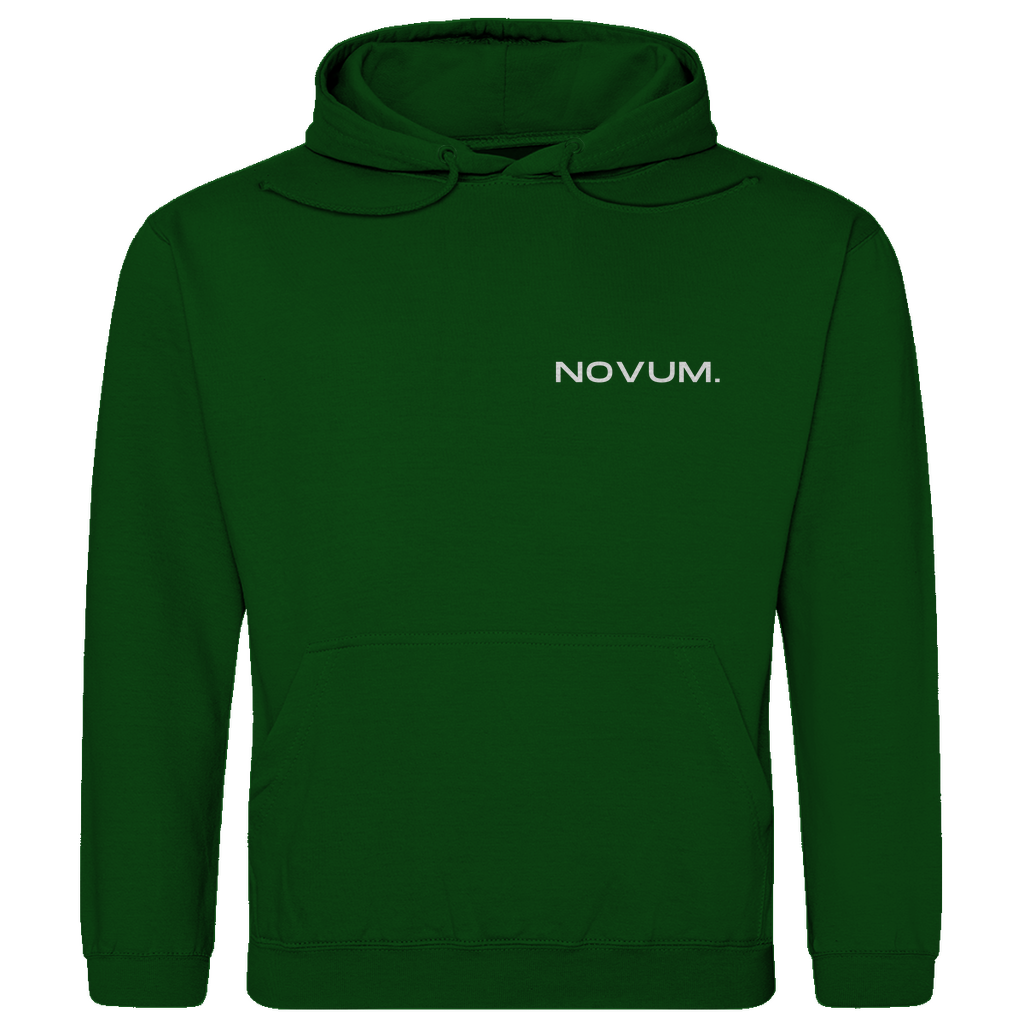 Grüner Novum Momentum Hoodie, unisex, aus 100% ringgesponnener Baumwolle mit einem Stoffgewicht von 280 g/m². Optimale Passform und stilvolles Design. Schlichtes Design auf der Vorderseite mit Novum Logo und hochwertigem Backprint 'Novum presents Momentum Line'. Mit praktischer Kängurutasche.