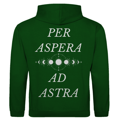 Grüner Unisex Hoodie: Optimale Passform, stilvolles Design, schlichtes Design vorne mit Novum Apparel Logo auf der Brust, hochwertiger Backprint mit 'Per Aspera Ad Astra' und einer Sonne-Mond-Phase dazwischen, hergestellt aus 100% ringgesponnener Baumwolle mit einem Stoffgewicht von 280 g/m², praktische Kängurutasche. Perfekt für trendbewusste Käufer. Jetzt online kaufen!