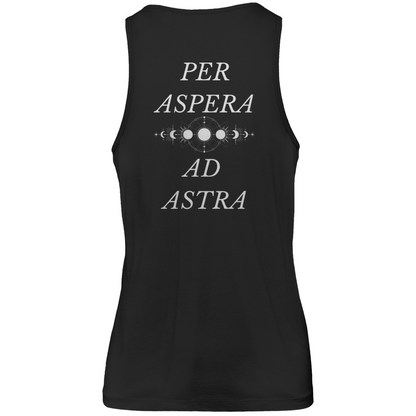 Schwarzes Unisex Tank Top: Atmungsaktiv, optimale Passform, hergestellt aus 100% ringgesponnener, gekämmter, hochwertiger und zertifizierter Bio-Baumwolle. Schlichtes Design vorne mit Novum Apparel Logo auf der Brust, hochwertiger Backprint mit 'Per Aspera Ad Astra' und einer Sonne-Mond-Phase dazwischen, Rundhalsausschnitt. Perfekt für trendbewusste Käufer. Jetzt online kaufen!