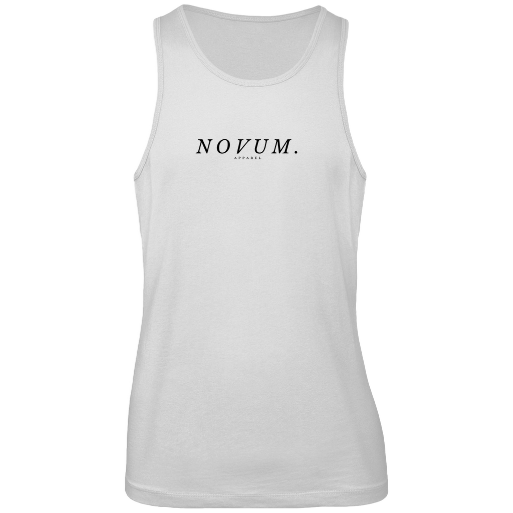 Weißes Novum Apparel Tank Top für Herren aus 100% Bio-Baumwolle, atmungsaktiv und optimaler Passform. Vorderseite mit schlichtem Design und mittigem Print 'Novum. Apparel'. Rundhalsausschnitt für hohen Tragekomfort.