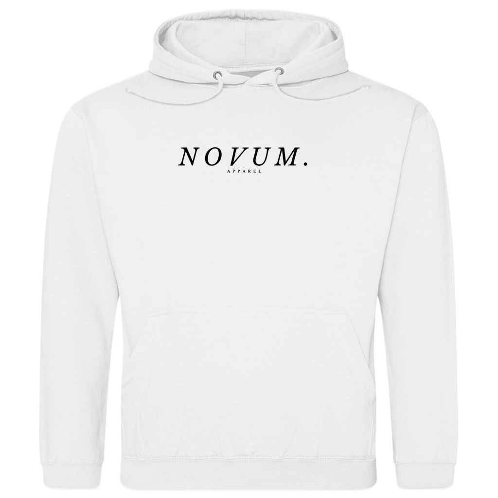 Weißer Unisex Hoodie: Optimale Passform, stilvolles Design, schlichtes Design vorne mit Novum Apparel Logo auf der Brust, hochwertiger Dumbbell Backprint, hergestellt aus 100% ringgesponnener Baumwolle mit einem Stoffgewicht von 280 g/m², praktische Kängurutasche. Perfekt für trendbewusste Käufer. Jetzt online kaufen!