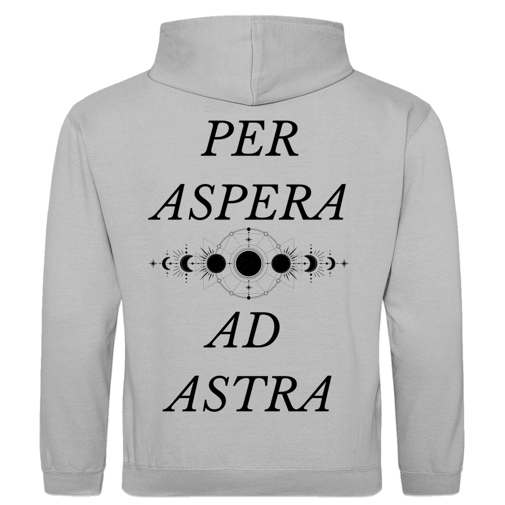 Hellgrauer Unisex Hoodie: Optimale Passform, stilvolles Design, schlichtes Design vorne mit Novum Apparel Logo auf der Brust, hochwertiger Backprint mit 'Per Aspera Ad Astra' und einer Sonne-Mond-Phase dazwischen, hergestellt aus 100% ringgesponnener Baumwolle mit einem Stoffgewicht von 280 g/m², praktische Kängurutasche. Perfekt für trendbewusste Käufer. Jetzt online kaufen!