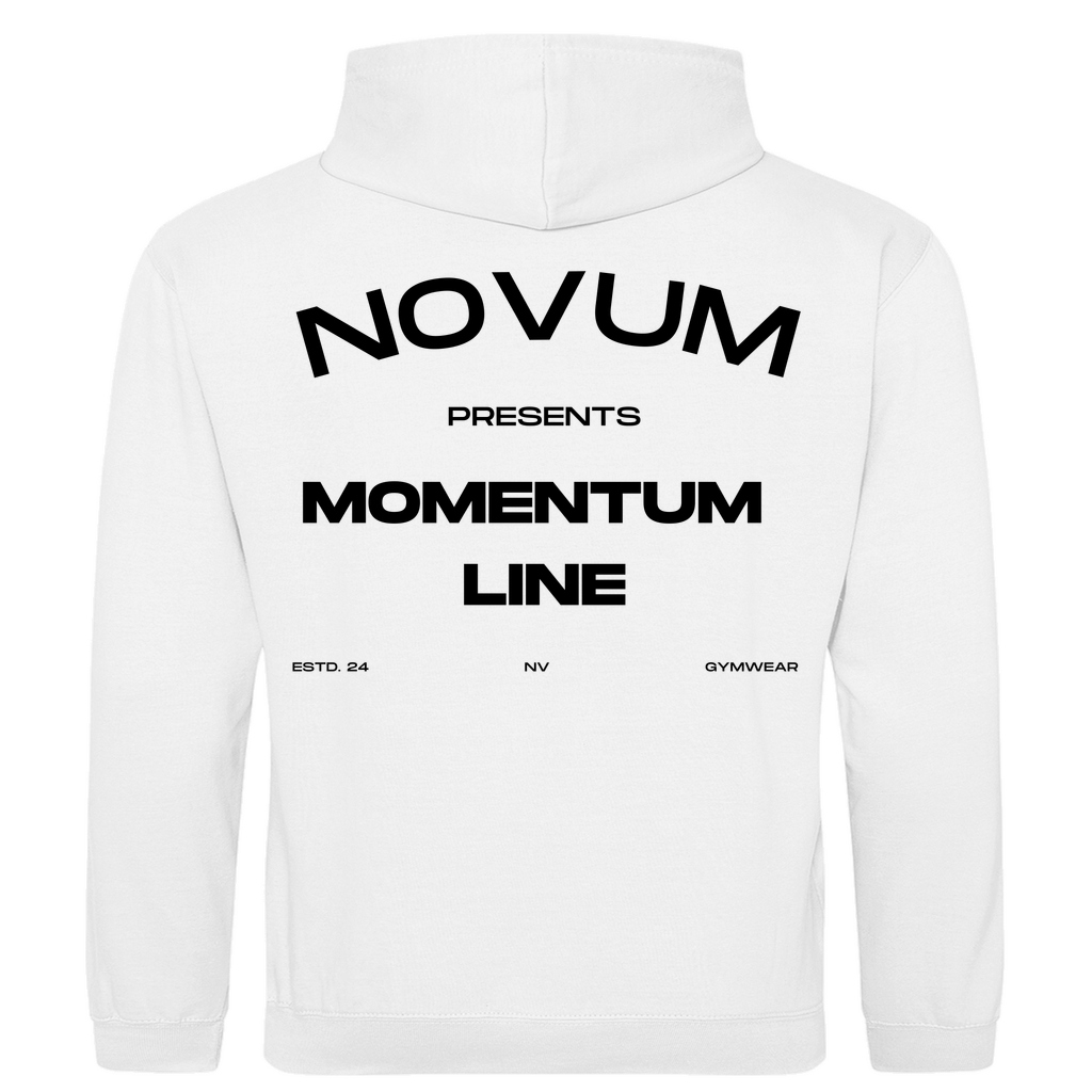 Weißer Novum Momentum Hoodie, unisex, aus 100% ringgesponnener Baumwolle mit einem Stoffgewicht von 280 g/m². Optimale Passform und stilvolles Design. Schlichtes Design auf der Vorderseite mit Novum Logo und hochwertigem Backprint 'Novum presents Momentum Line'. Mit praktischer Kängurutasche.