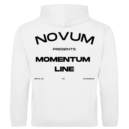 Weißer Novum Momentum Hoodie, unisex, aus 100% ringgesponnener Baumwolle mit einem Stoffgewicht von 280 g/m². Optimale Passform und stilvolles Design. Schlichtes Design auf der Vorderseite mit Novum Logo und hochwertigem Backprint 'Novum presents Momentum Line'. Mit praktischer Kängurutasche.