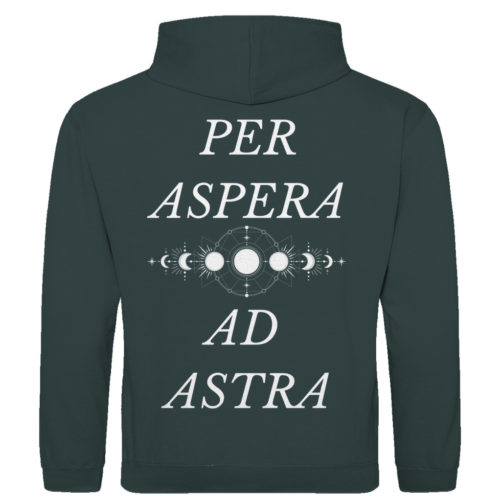 Charcoal Unisex Hoodie: Optimale Passform, stilvolles Design, schlichtes Design vorne mit Novum Apparel Logo auf der Brust, hochwertiger Backprint mit 'Per Aspera Ad Astra' und einer Sonne-Mond-Phase dazwischen, hergestellt aus 100% ringgesponnener Baumwolle mit einem Stoffgewicht von 280 g/m², praktische Kängurutasche. Perfekt für trendbewusste Käufer. Jetzt online kaufen!