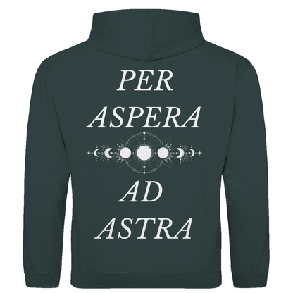 Charcoal Unisex Hoodie: Optimale Passform, stilvolles Design, schlichtes Design vorne mit Novum Apparel Logo auf der Brust, hochwertiger Backprint mit 'Per Aspera Ad Astra' und einer Sonne-Mond-Phase dazwischen, hergestellt aus 100% ringgesponnener Baumwolle mit einem Stoffgewicht von 280 g/m², praktische Kängurutasche. Perfekt für trendbewusste Käufer. Jetzt online kaufen!