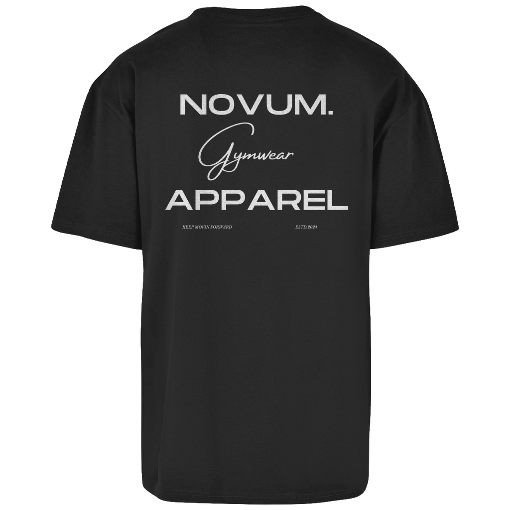 Schwarzes Novum Gymwear Oversize Shirt, unisex, atmungsaktiv und angenehm zu tragen. Schlichtes Design auf der Vorderseite mit Novum Logo. Hochwertiger Backprint 'Novum. Apparel - Gymwear'. Ideal für den sportlichen Look.