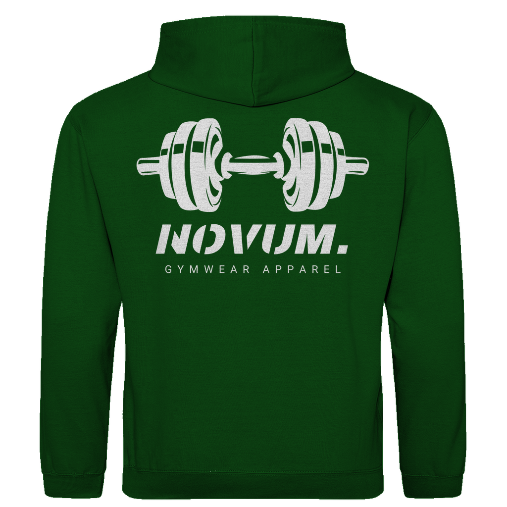 Grüner Unisex Hoodie: Optimale Passform, stilvolles Design, schlichtes Design vorne mit Novum Apparel Logo auf der Brust, hochwertiger Dumbbell Backprint, hergestellt aus 100% ringgesponnener Baumwolle mit einem Stoffgewicht von 280 g/m², praktische Kängurutasche. Perfekt für trendbewusste Käufer. Jetzt online kaufen!