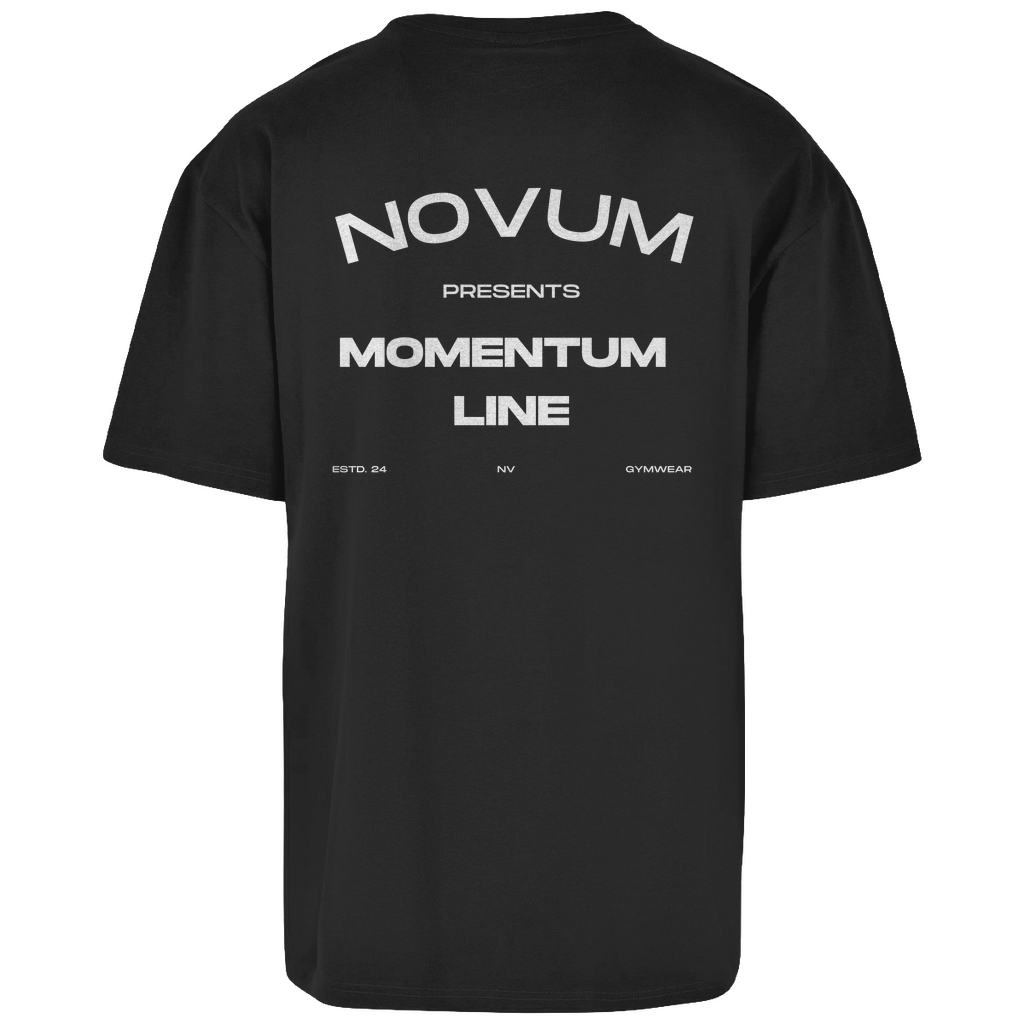 Schwarzes Novum Momentum Oversize Shirt, unisex, atmungsaktiv und angenehm zu tragen. Schlichtes Design auf der Vorderseite mit Novum Logo und hochwertigem Backprint 'Novum presents Momentum Line'. Oversize Fit für einen lässigen Look.