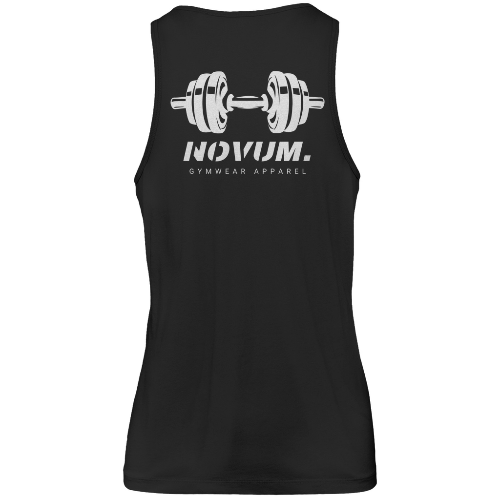 Schwarzes Unisex Tank Top: Atmungsaktiv, optimale Passform, hergestellt aus 100% ringgesponnener, gekämmter, hochwertiger und zertifizierter Bio-Baumwolle. Schlichtes Design vorne mit Novum Apparel Logo auf der Brust, hochwertiger Dumbbell Backprint, Rundhalsausschnitt. Perfekt für trendbewusste Käufer. Jetzt online kaufen!